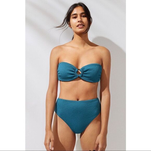 NEW Anthropologie Turquoise Classic Smocked High-Waisted Turquoise Bikini Bottom - Picture 1 of 3